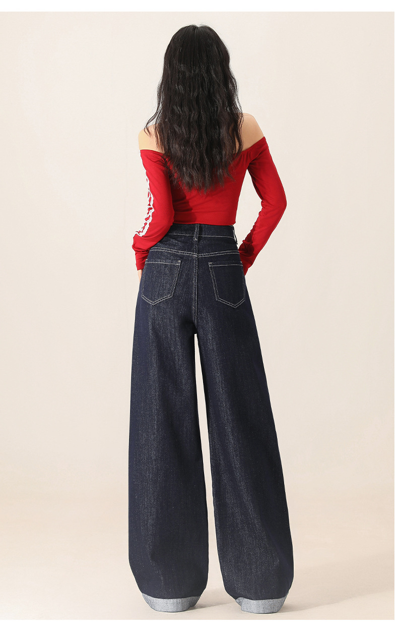 Denim wide-leg jeans for women, Spring 2025 new style, color-blocking and patchwork high-waisted loose straight-leg floor-length pants pic 25