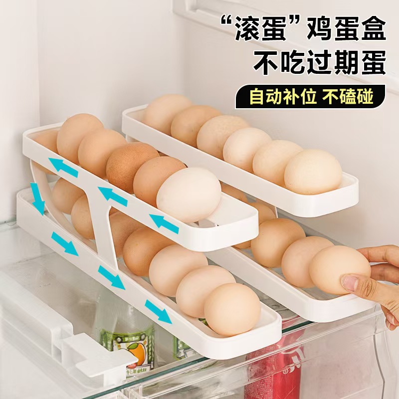 Slide type egg box, double-layer automatic egg roller for refrigerator side door, anti-drop egg storage box for kitchen countertop pic 1