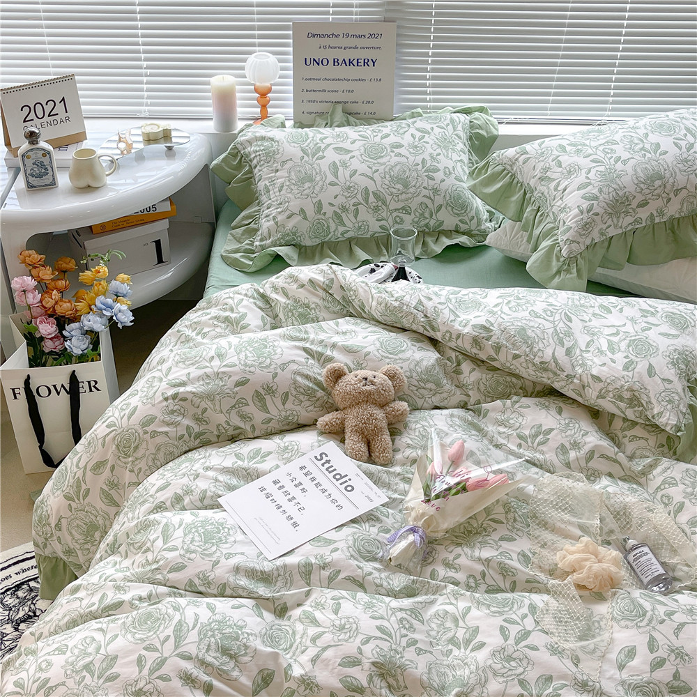 French Hepburn style pure cotton four-piece set, high-end feel, pure cotton black and white sketch flower duvet cover, all-cotton edge bedding pic 59