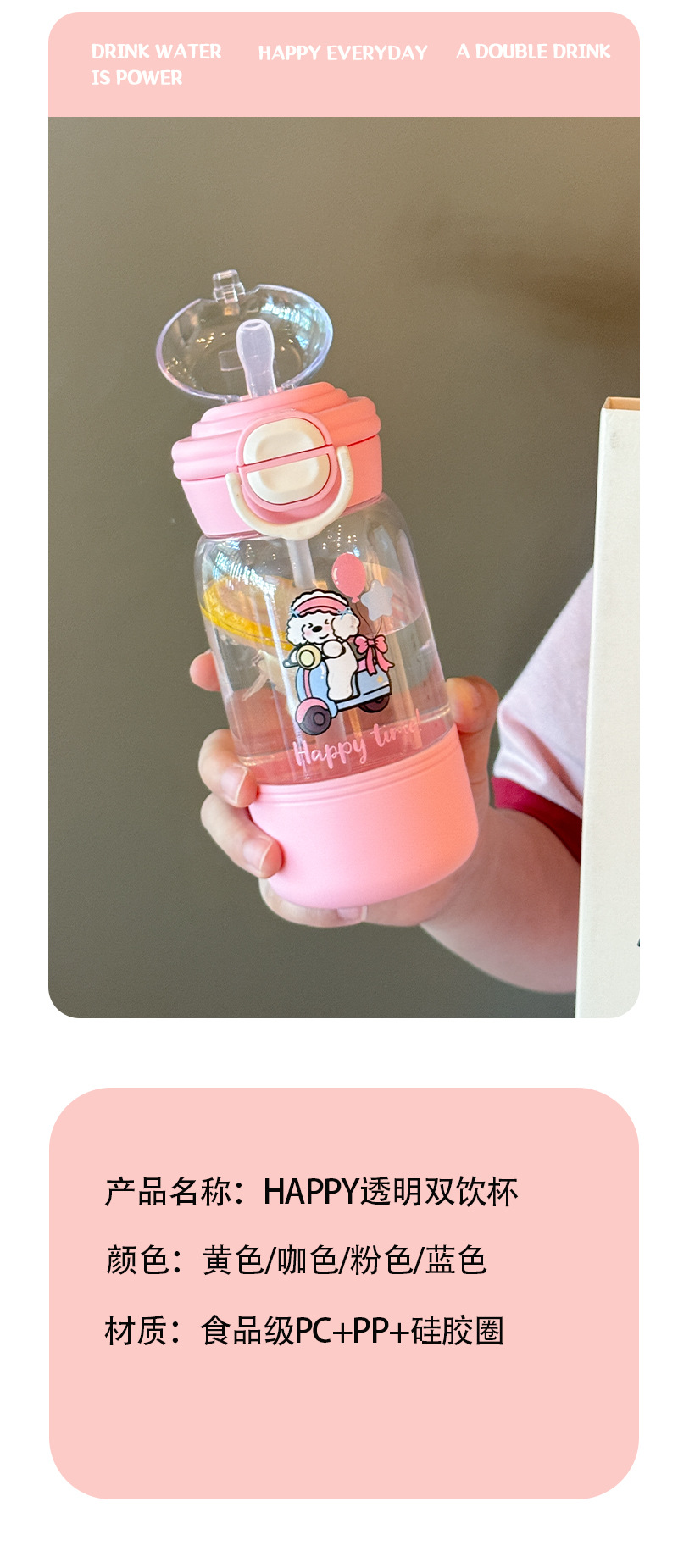 卡通儿童水杯新款夏季吸管水杯双饮便携大容量高颜值双饮塑料杯子详情12