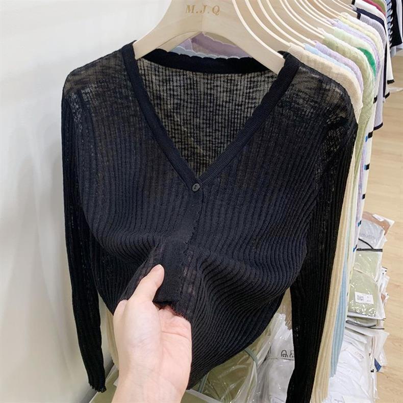 针织冰丝开衫长袖夏季黑色春秋薄款外搭短款空调衫披肩上衣女详情16