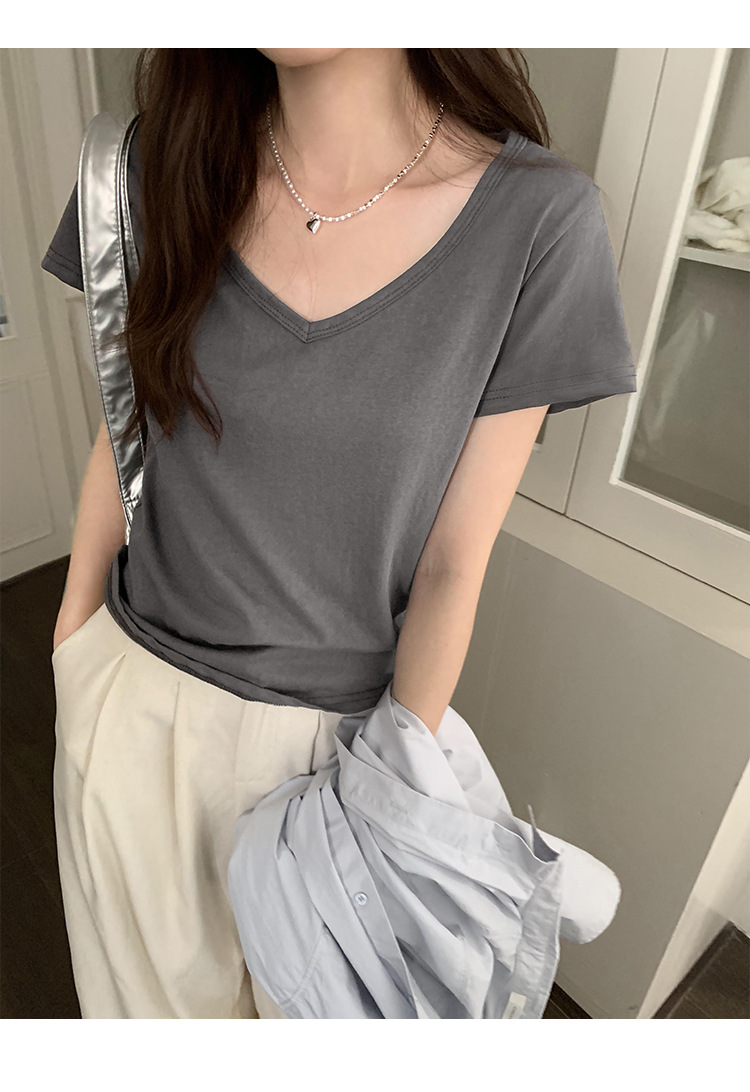 简约百搭V领纯色休闲短袖T恤女2024夏季新款轻薄透气宽松显瘦上衣详情24
