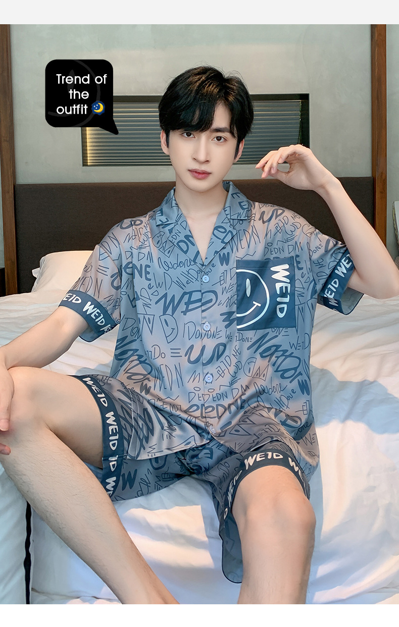 夏季新款冰丝男士睡衣短袖短裤薄款韩版夏天学生青少年家居服套装详情10