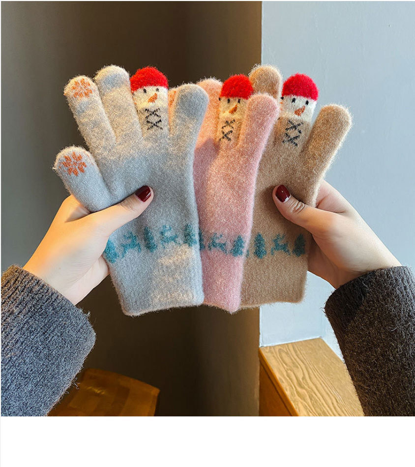 毛线手套女冬季可爱雪人针织可触屏加厚保暖骑行车五指冬天防寒棉详情1