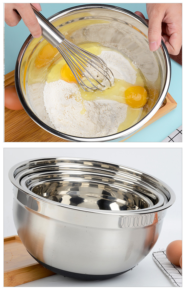 Stainless steel salad bowl, khaki black silicone bottom, anti-slip cover, grater, egg beater set, baking mixing bowl pic 9