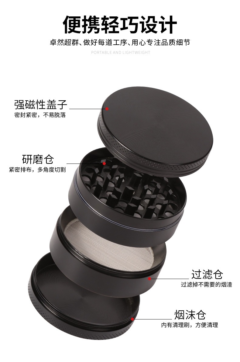 跨境锌合金40mm/50mm/55mm/63mm4层平板点纹磨烟器金属研磨器grin详情6