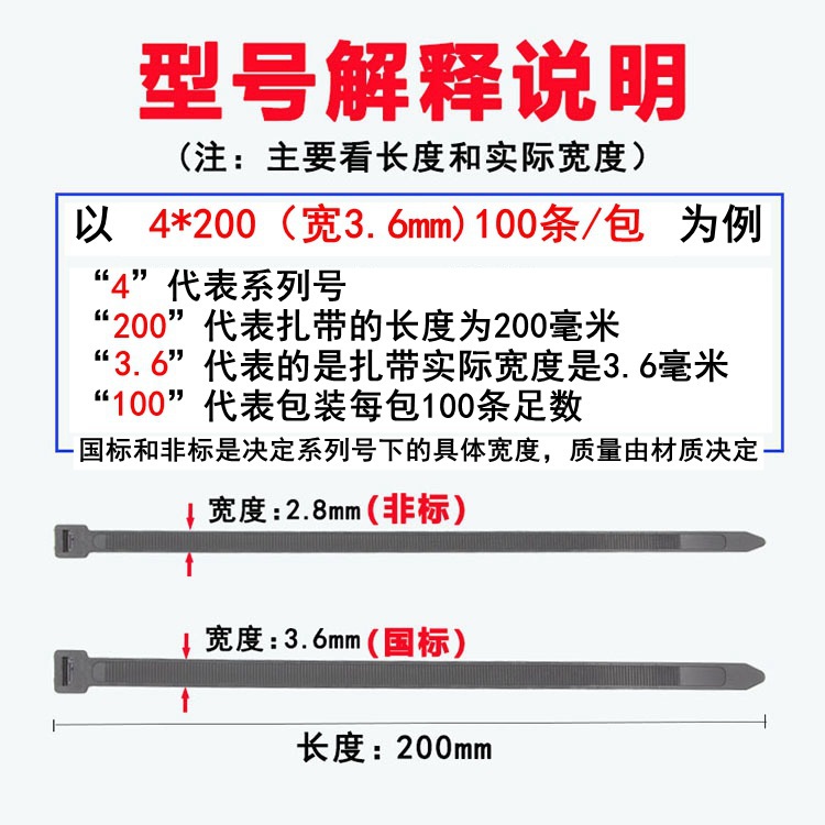厂家批发自锁式尼龙扎带捆束线带国标黑色塑料扎丝3*4*5*200详情5