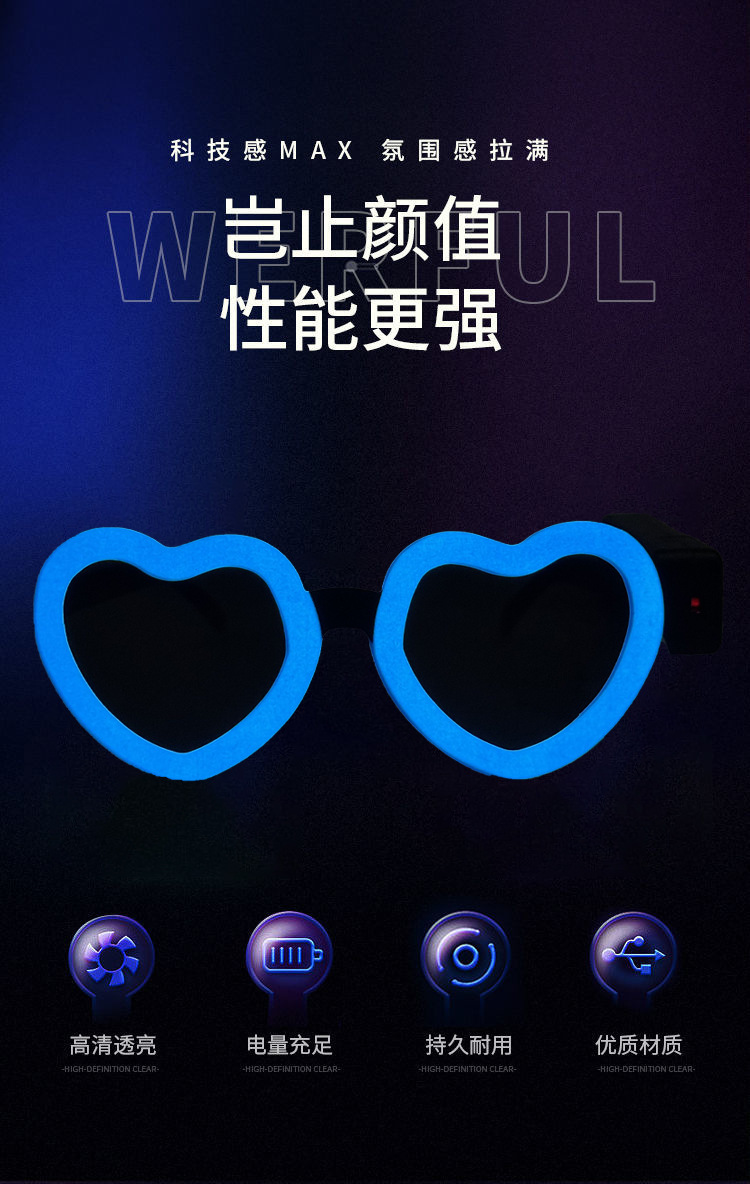 冷光片爱心发光眼镜可爱造型气质舞会闪光装扮电音节派对狂欢助威LED发光眼镜详情3
