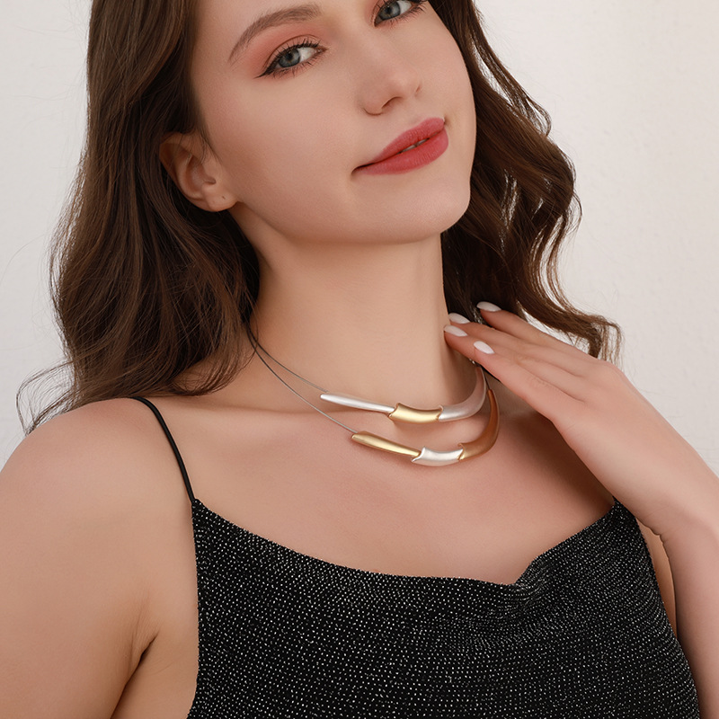 跨境亚马逊欧美饰品时尚简约短项链双层U形吊坠金属项圈女短项链详情8