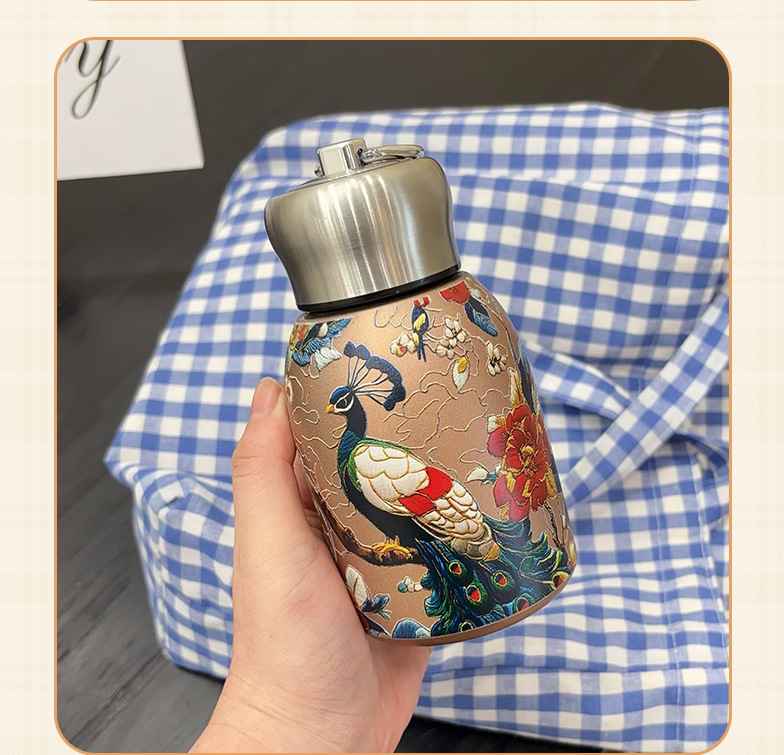 小胖丁国潮复古金蝴蝶孔雀便捷女士提环创意高颜值保温时尚礼品杯详情20