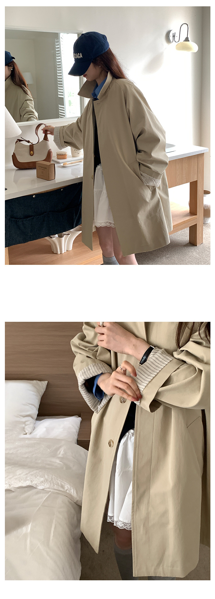 风衣外套女高级感2025春季新款韩版宽松休闲翻领卷边条纹长款大衣详情38