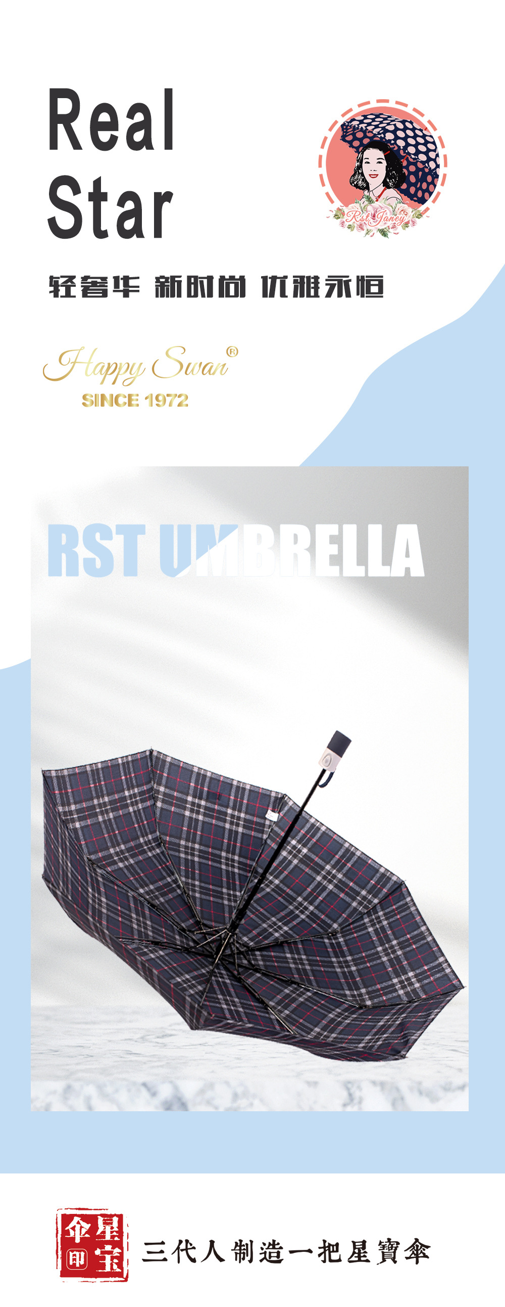 经典英伦格纹三折自开伞半自动雨伞出口auto open umbrella详情4