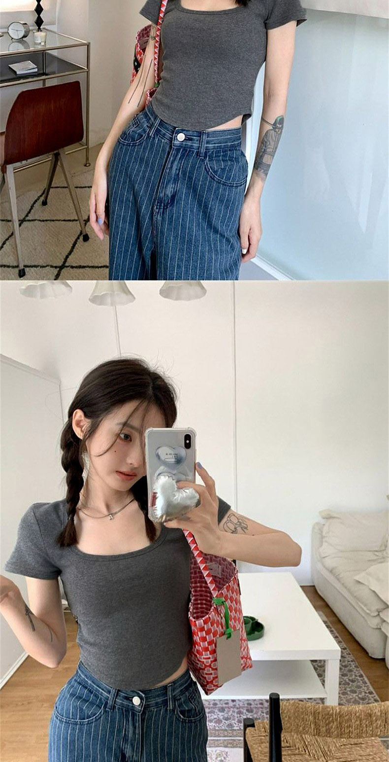 纯欲甜辣妹正肩方领短袖T恤女夏季ins设计感小众百搭显瘦短款上衣详情11