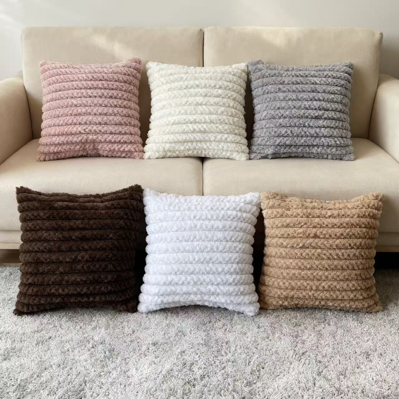 Cross-border Nordic minimalist rabbit fur striped brushed sofa pillowcase, light luxury bedroom soft and sticky cushion, home solid color cushion pic 6