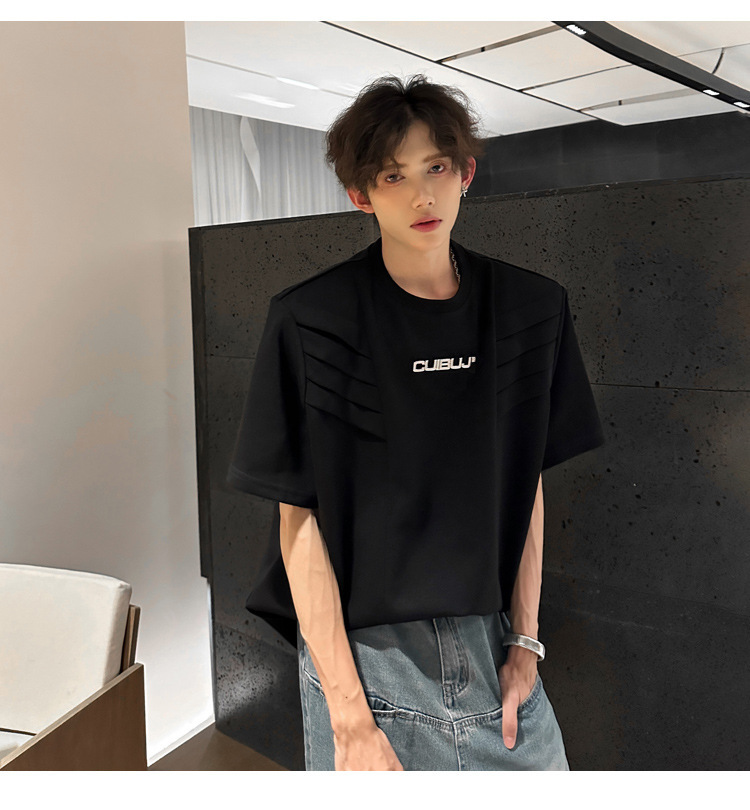 European and American high street original design sense T-shirt for men, multi-layered structure shoulder pad short-sleeved, summer American-style heavy half-sleeved pic 14