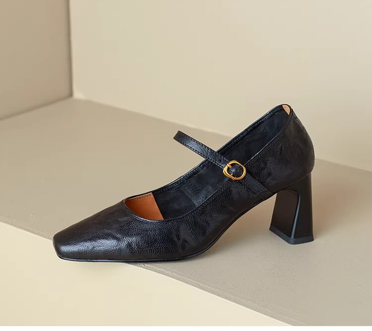 软羊皮黑色高跟鞋2025春秋新款法式复古粗跟一字带玛丽珍鞋女单鞋详情26