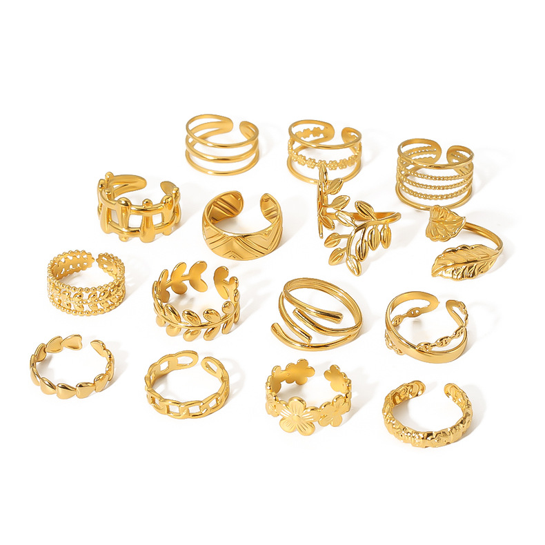 Cross-border simple ins style leaf geometric hollowed-out flower 18k gold-plated serpentine high-end multi-layer titanium steel ring for women pic 19