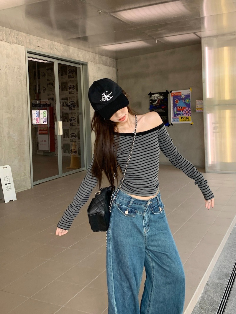 野媛设计感性感斜肩修身显瘦长袖T恤女秋冬季小众打底衫露肩上衣详情15