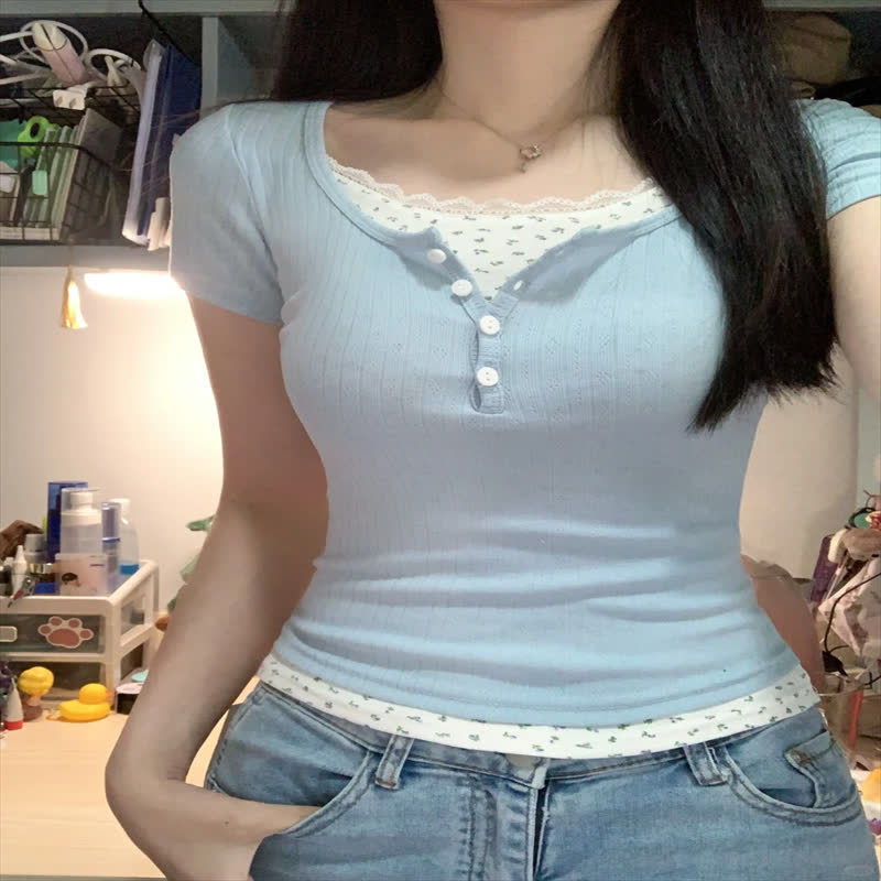 纯欲蕾丝正肩短袖T恤女夏季蓝色多巴胺bm假两件碎花修身短款上衣详情10