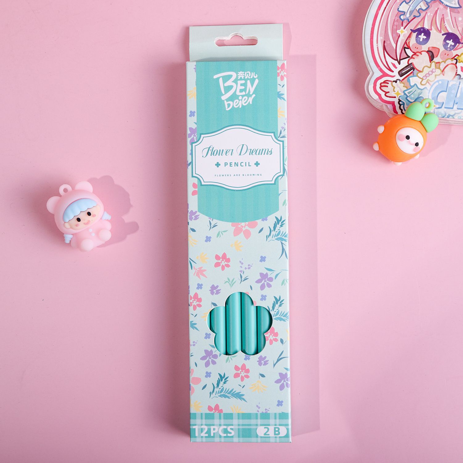 Cartoon and fresh floral print pencils, a special writing stationery for students. 12 cute 2b pencils in a box pic 8
