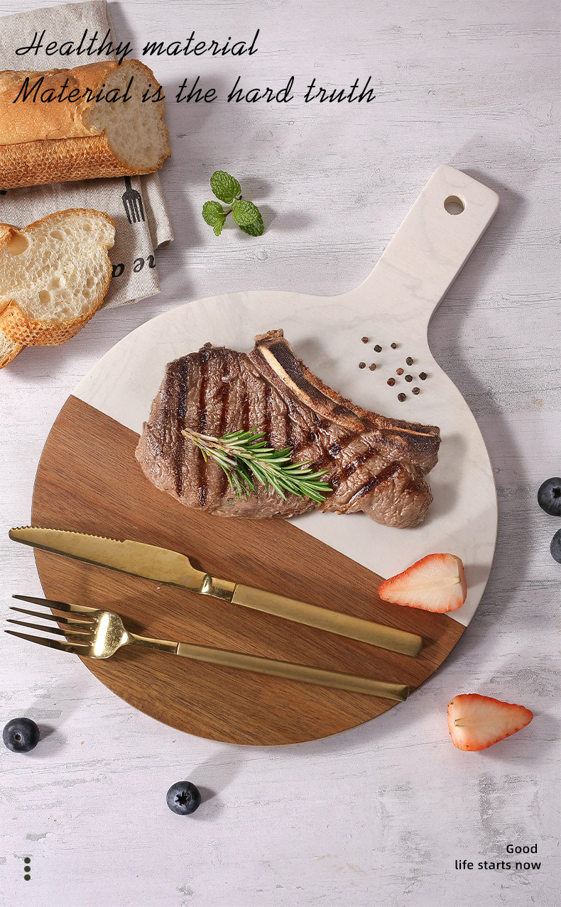 Acacia wood spliced marble cutting board, household wooden cutting board, Nordic light luxury steak platting board, cross-border special supply pic 8