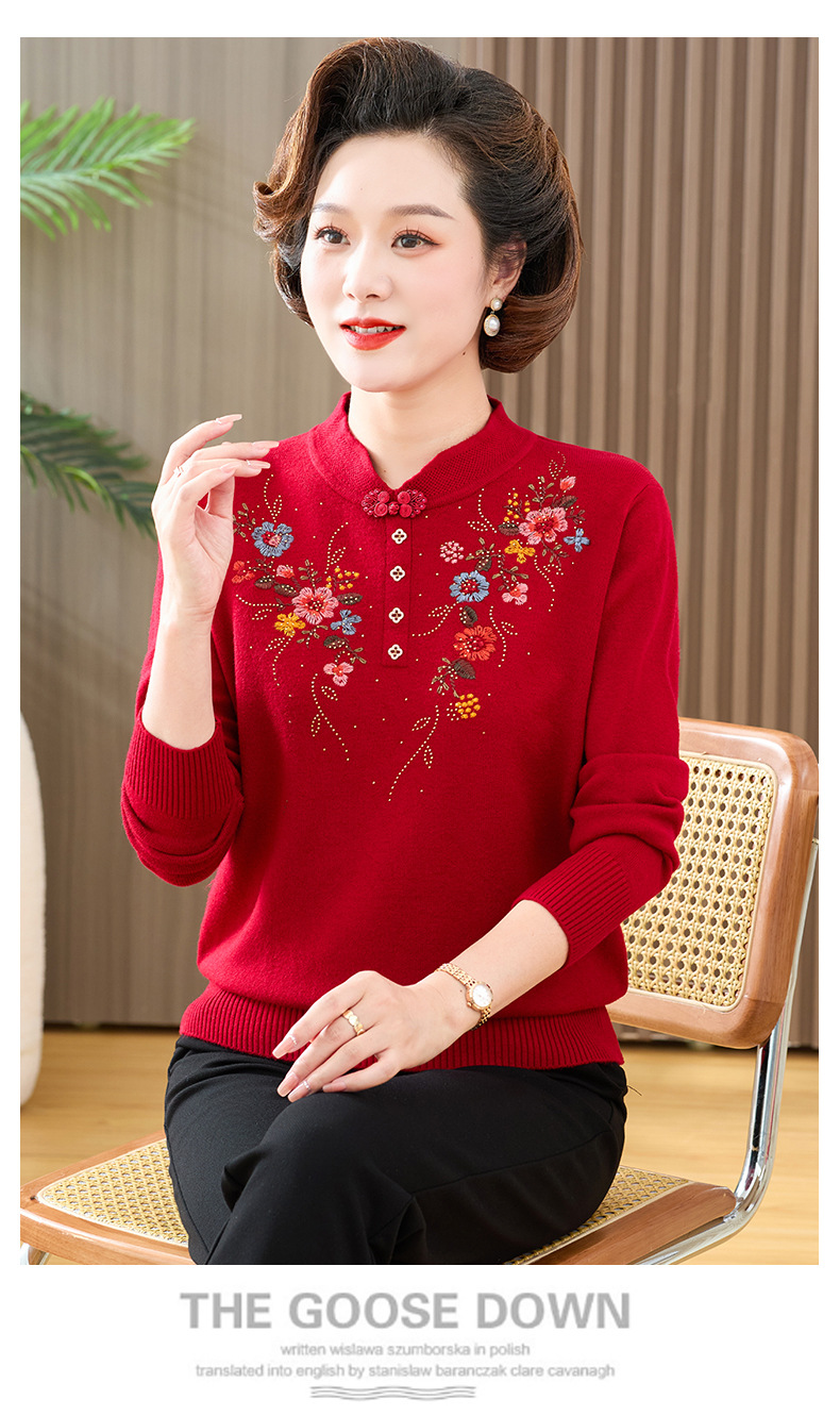 2024新款春秋毛衫喜妈妈婆婆结婚宴礼服毛衣女红色旗袍领秋冬款详情2