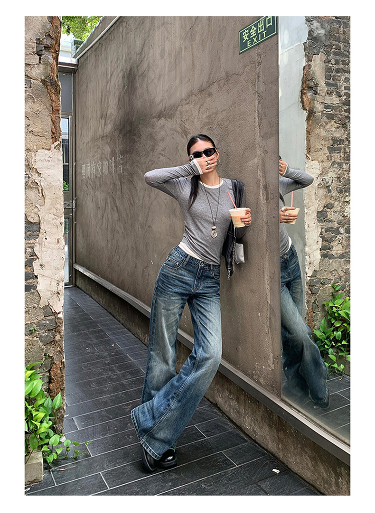 【今茵】新款美式复古水洗做旧中低腰无弹微宽松喇叭拖地牛仔裤女详情8