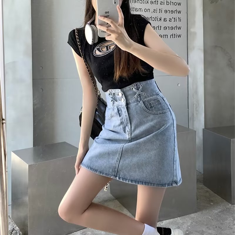 2023夏季韩版ins设计感高腰牛仔短裙女显瘦A字学生百搭包臀半身裙详情6