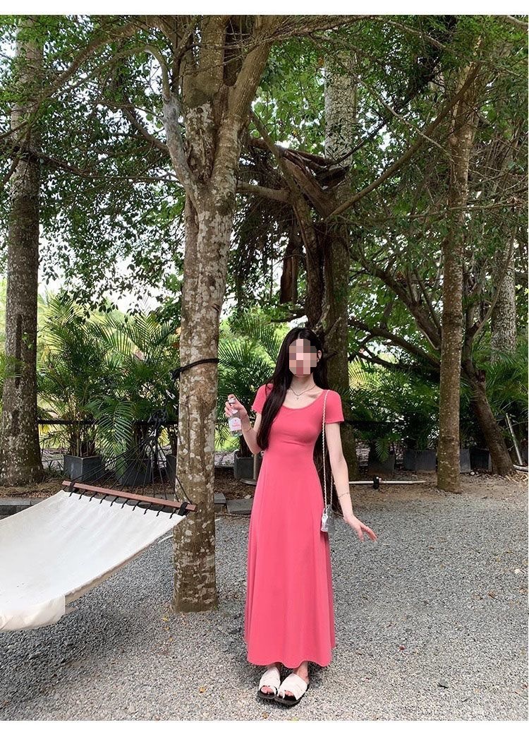 法式纯欲风夏季圆领短袖连衣裙包臀修身收腰长裙纯色高腰大摆裙详情14