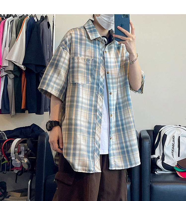 简恒日系复古印花短袖格子衬衫男女休闲夏季宽松BF风撞色情侣衬衣详情10