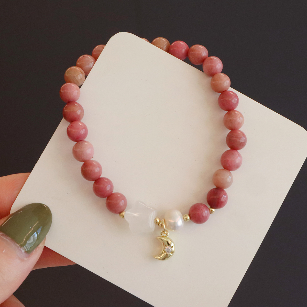 红纹石手链天然淡水珍珠玉髓高级感天然石手串女平安扣星星设计详情7