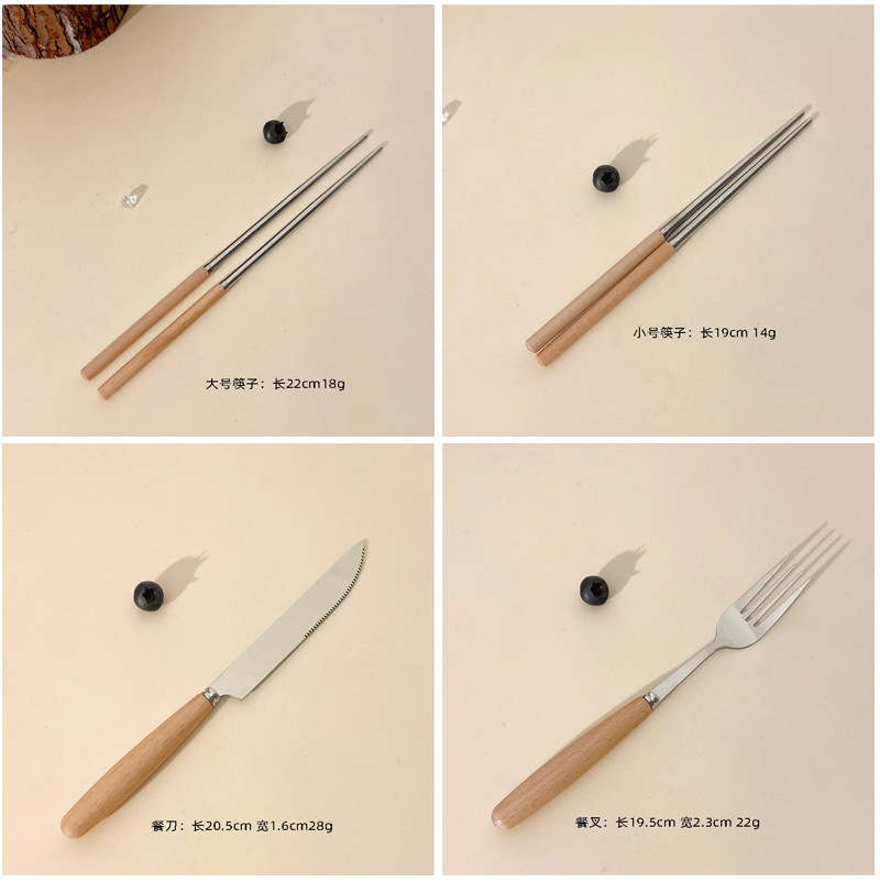 跨境日式不锈钢牛排刀叉勺子创意木柄甜品小勺小叉水果叉西餐餐具详情3