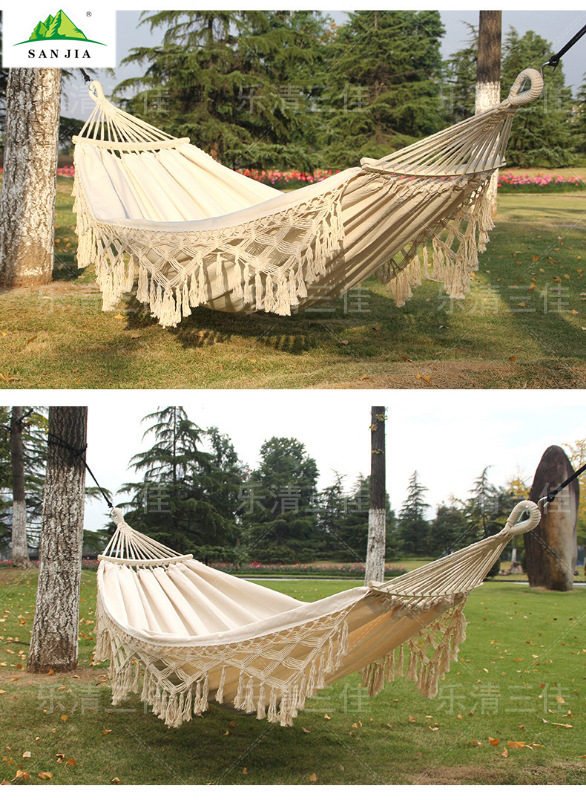 欧美风格流苏吊床户外折叠手工编织秋千帆布露营弯棒便携双人休闲椅批发详情7