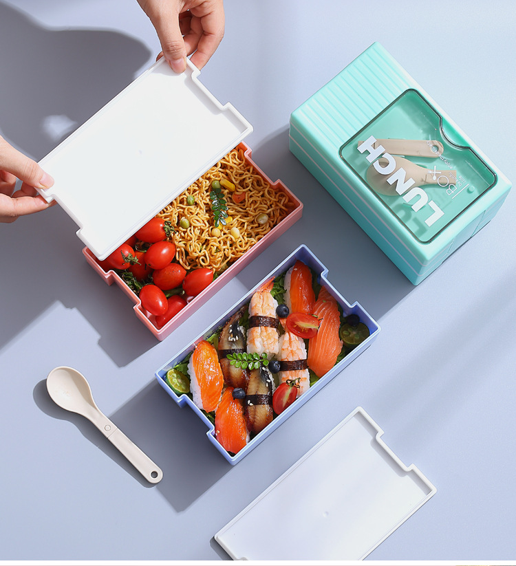 Japanese-style double-layer plastic lunch box, office worker lunch box, microwave oven sealed insulated lunch box, portable student lunch box pic 14