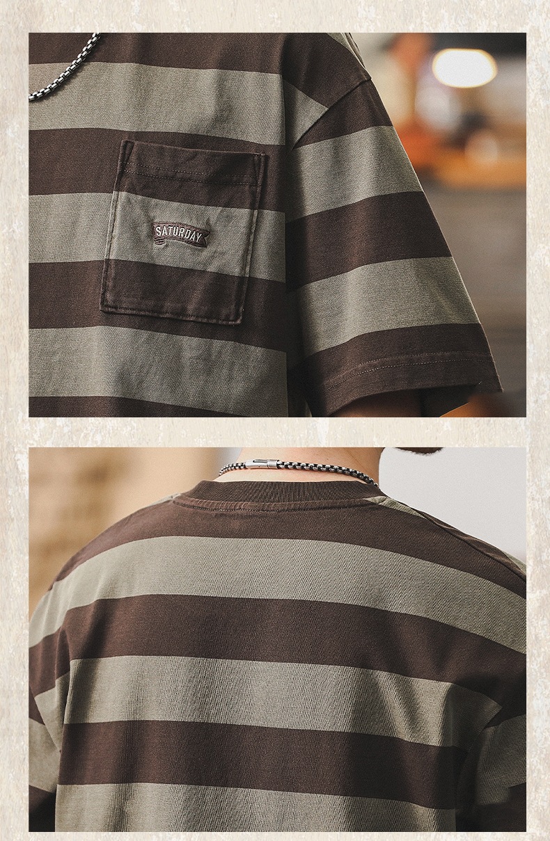 32支双纱平纹纯棉T恤男短袖夏季美式复古重磅宽松大码条纹男体恤详情21