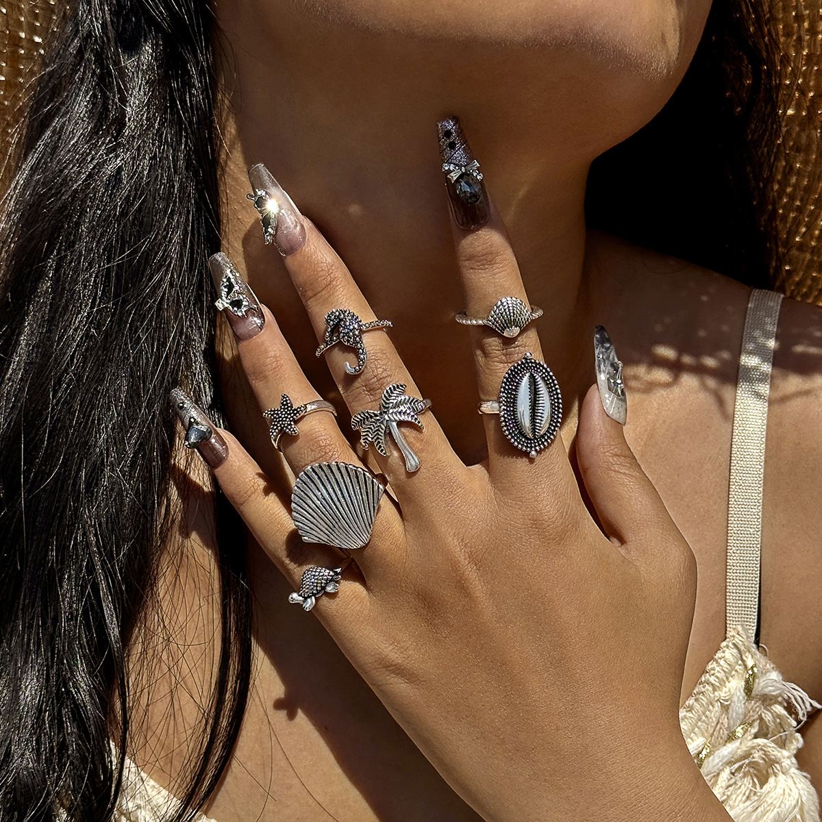 欧美跨境波西米亚海星扇贝戒指 沙滩风椰树蝴蝶雕花复古戒指套装详情2