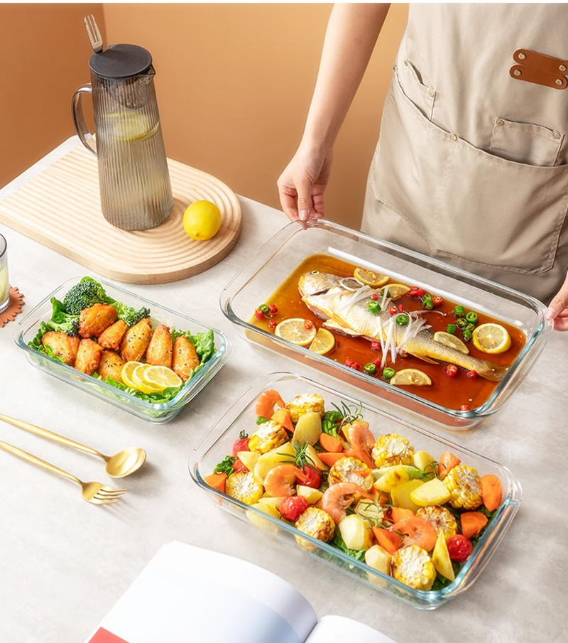 Wholesale of three-piece rectangular heat-resistant glass baking trays with LIDS for home kitchen steaming and roasting fish plates and tableware pic 12