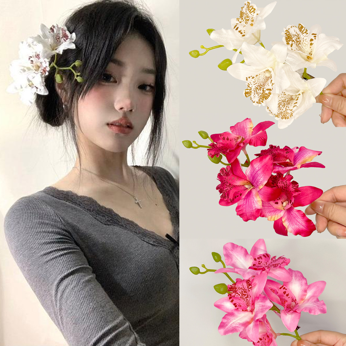 氛围感仿真蕙兰发夹女高级感蝴蝶兰发饰夹子网红旅游拍照发卡头饰详情1