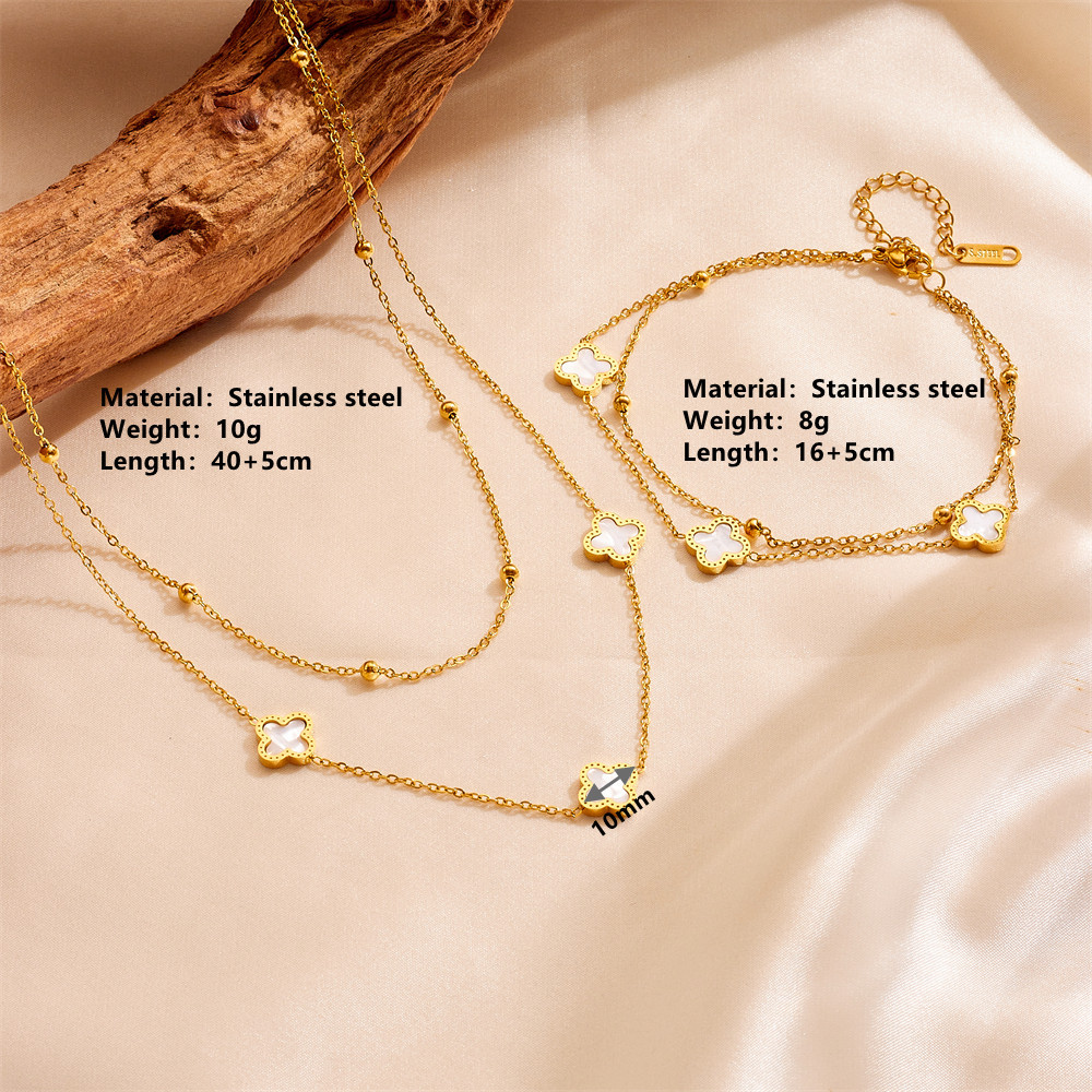 时尚钛钢四叶草双层手链项链套装 欧美不锈钢不掉色幸运项链手链详情6