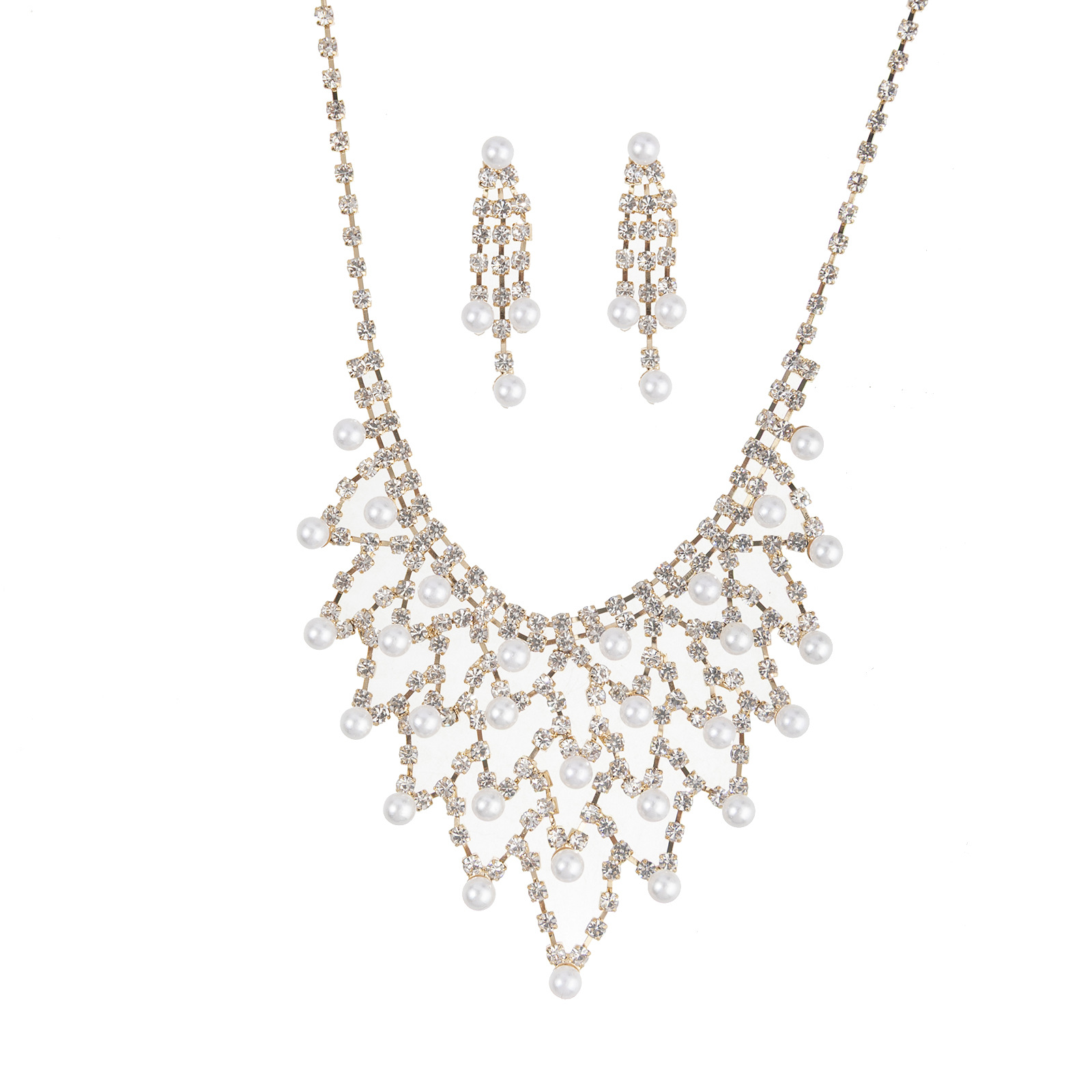 Cross-border best-selling European and American bride pearl and water diamond necklaces and earrings, exquisite diamond-encrusted exaggerated necklaces, tassel earrings, jewelry, evening gowns, versatile and elegant jewelry sets pic 8