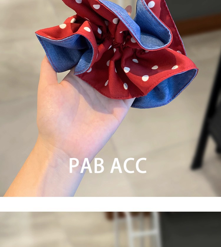 High-end AB side denim blue polka dot pleated fat intestine band double-layer hair binding three-dimensional durable leather band hair band purchased through a Korean agent pic 7