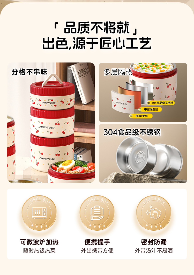 304不锈钢樱桃保温盒便当盒多层餐盒防漏学生上班族便携密封饭盒详情2