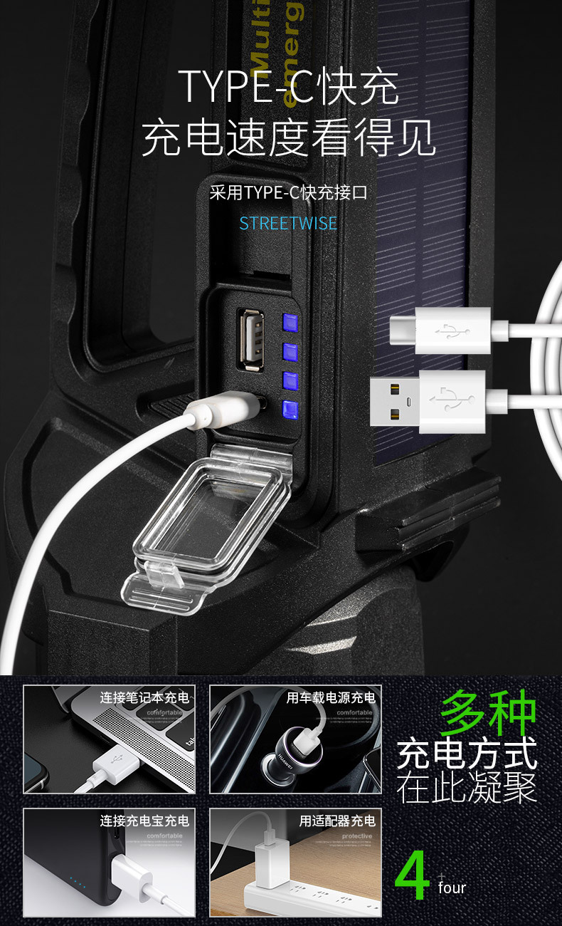 跨境新款P70强光手提灯USB充电灯头可旋转多功能太阳能LED探照灯详情14