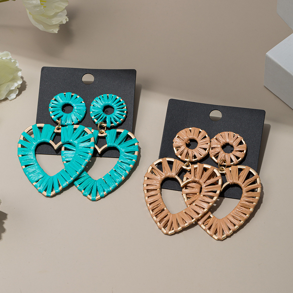 厂家直供欧美潮流气质拉菲草手工编织夸张爱心长款度假风耳环女饰品耳饰详情2