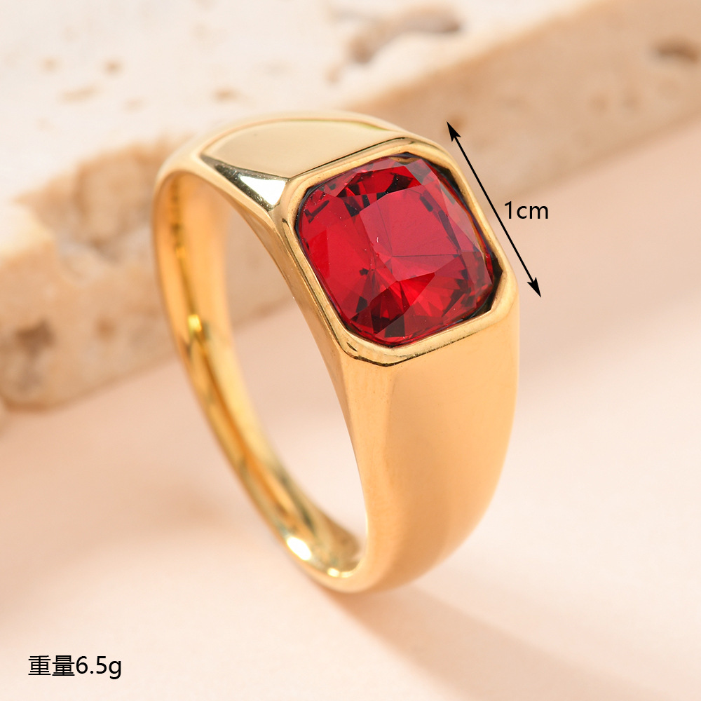 欧美跨境不锈钢铸造饰品男女通用 镶方形彩钻戒指镀18k金锆石戒指详情3