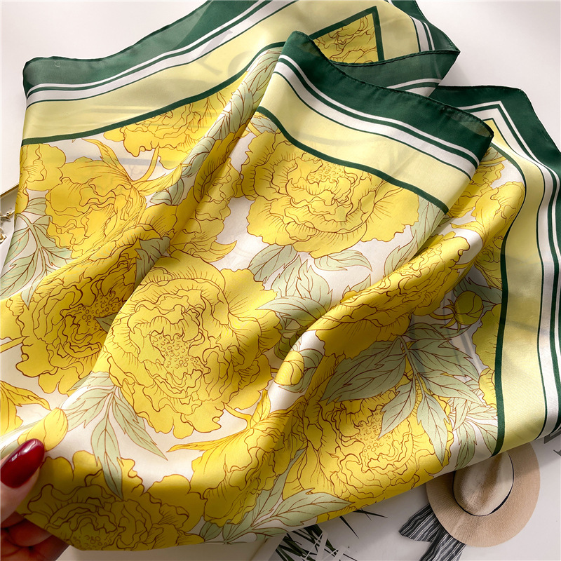 National trend peony flower small silk scarf, spring and summer satin versatile scarf, thin sun-protective headscarf, 70cm faux silk square scarf pic 11