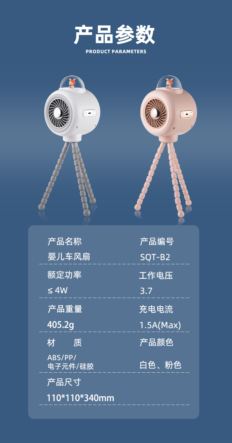 新款婴儿车风扇家用全自动静音摇头户外降温便携兔子八爪鱼小台扇详情22