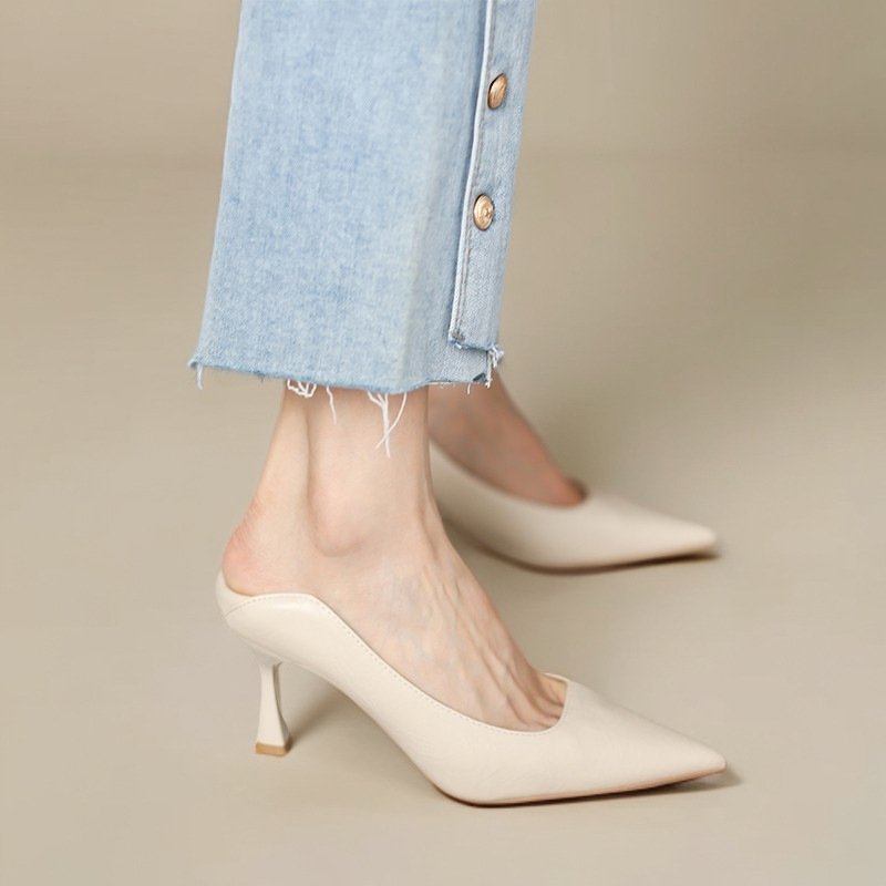 The 2025 new black professional high heels with soft leather can be worn at the back, single toe, pointed toe and thin heel. Work shoes for women pic 14