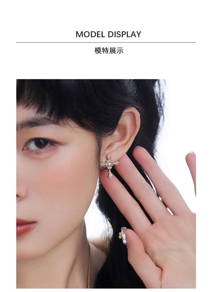 Retro cross series earrings, original design for women, light luxury, high-end, fashionable, versatile, exquisite silver needle earrings pic 6