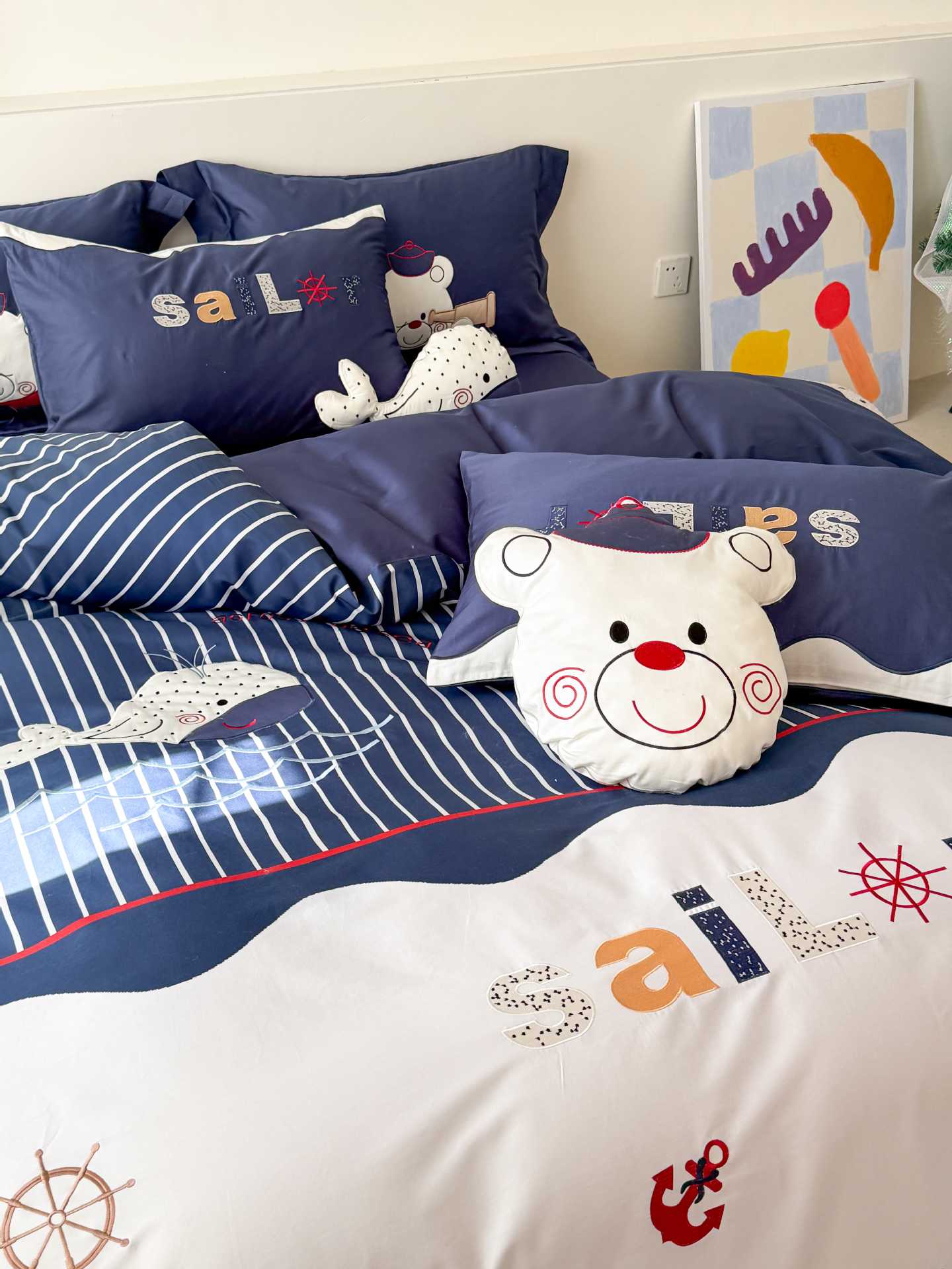 Four-piece set of washed cotton for boys and children, three-dimensional embroidered cartoon bed sheets and bedding pic 6
